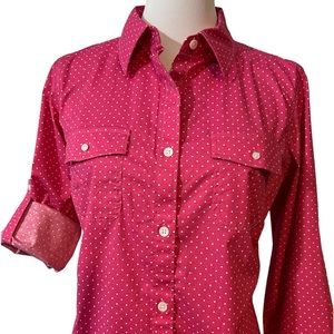 L.L. Bean Womens XL Stretch Shirt Long Sleeve Roll Tab Pink White Polka Dot NWT